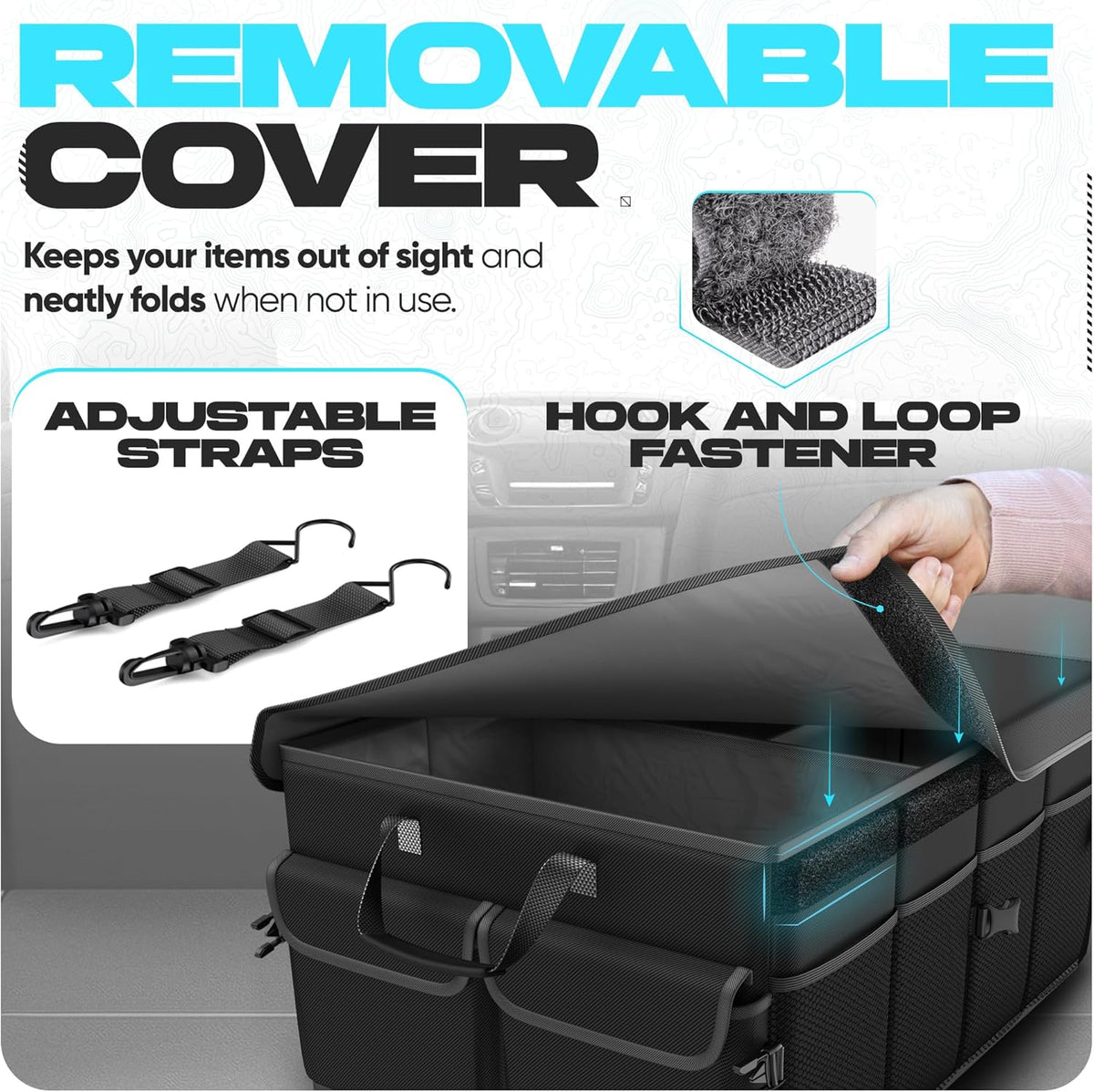 FORTEM Car Trunk Organizer, Collapsible Multi Compartment Car Organizer, Foldable SUV Storage for Car Accessories for Women Men, Non Slip Bottom, Securing Straps, Soft Cover 50L (Black, Standard) - PuriLite