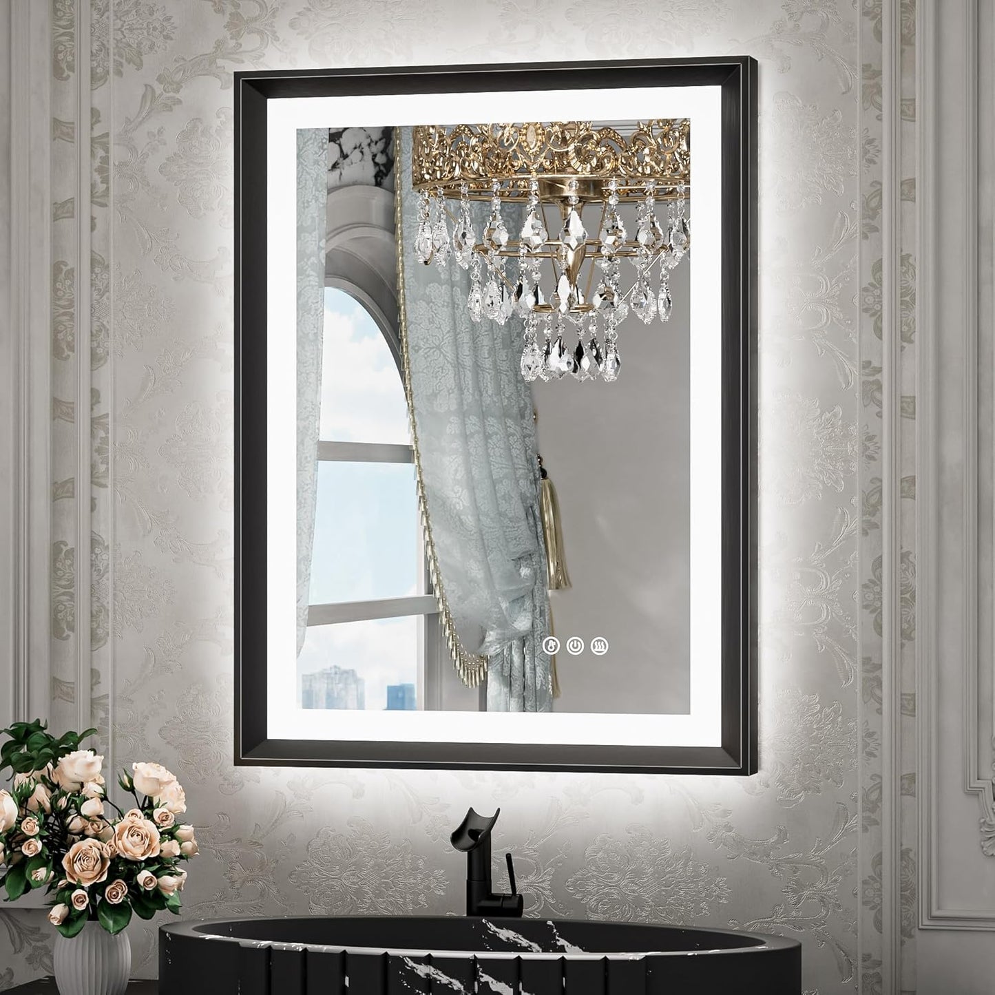 TETOTE 28x36 LED Mirror for Bathroom Black Metal Frame Frontlit & Backlit Lighted Vanity Mirror Baroque Gothic Anti Fog Stepless Dimmable White/Warm/Natural,Wall Mounted(Horizontal/Vertical) - PuriLite