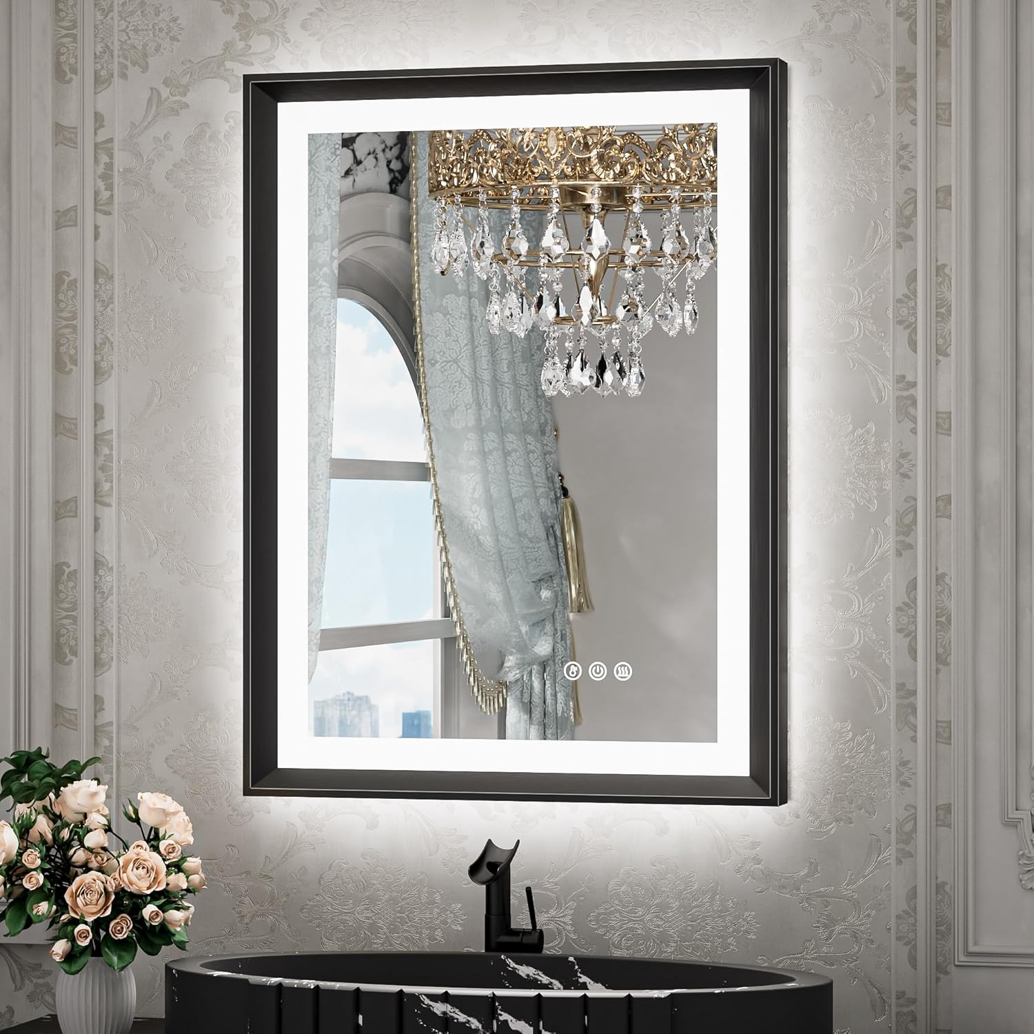 TETOTE 28x36 LED Mirror for Bathroom Black Metal Frame Frontlit & Backlit Lighted Vanity Mirror Baroque Gothic Anti Fog Stepless Dimmable White/Warm/Natural,Wall Mounted(Horizontal/Vertical) - PuriLite