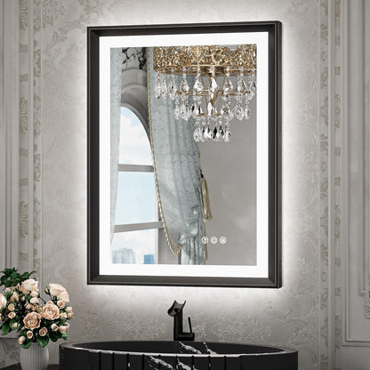 TETOTE 28x36 LED Mirror for Bathroom Black Metal Frame Frontlit & Backlit Lighted Vanity Mirror Baroque Gothic Anti Fog Stepless Dimmable White/Warm/Natural,Wall Mounted(Horizontal/Vertical) - PuriLite