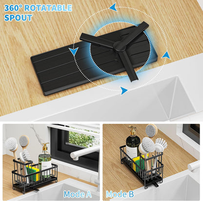 Cisily Sponge Holder for Kitchen Sink, Sink Caddy with High Brush Holder, Organzier Rustproof 304 Stainless Steel Dish Organizer Divider, Soap Dispenser Storage (Black) - PuriLite