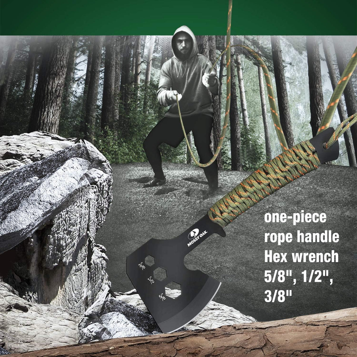 Mossy Oak Axe and Fixed Blade Knife with Sheath, One-Piece Camping Hatchet and Hunting Knife with Rope Handle, Includes Zoomable Tactical Flashlight and Many Other Tools, 15 Pieces Camping Tool Set - PuriLite