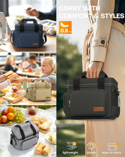 HOTOR Lunch Box for Men and Women - Leak-Proof Insulated Lunch Bag with Adjustable Shoulder Strap, Cooler Lunch Bag for Office, Picnic, Hiking, Beach, 1 Layer, Black, 11.0" x 7.1" x 8.3" - PuriLite
