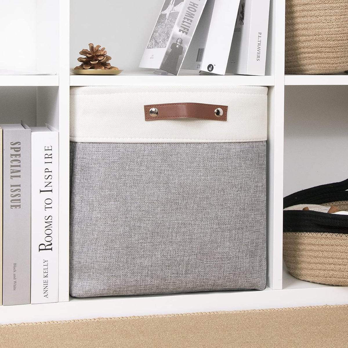 DULLEMELO Storage Baskets for Shelves, Fabric Collapsible Rectangular Storage Bins for Shelves, Closets, Nursery, Home, Office, Empty Gift Baskets (White&Teal) - PuriLite