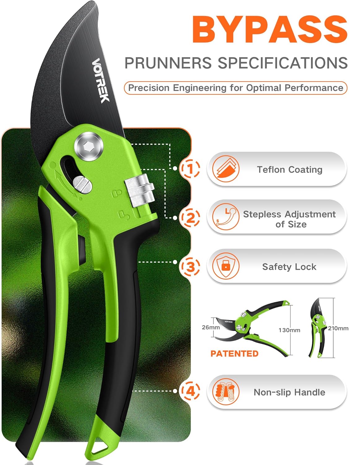 VOTREK Pruning Shears - 8.5" Heavy Duty Bypass Pruners for Gardening with Built-in Spring & SK5 Steel Blades - Ergonomic Adjustable Handle for All Hand Sizes, Garden Clipper Plant Scissors for Branch - PuriLite