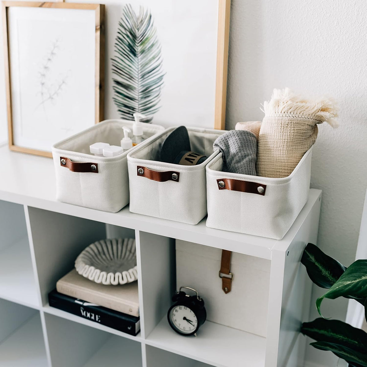 OrganiHaus Large Fabric Storage Baskets for Shelves 3 Pack, 15x11in Closet Storage Bins for Shelves, Cloth Baskets, Fabric Storage Cubes, Linen Closet Organizers, Fabric Basket, White Basket - PuriLite