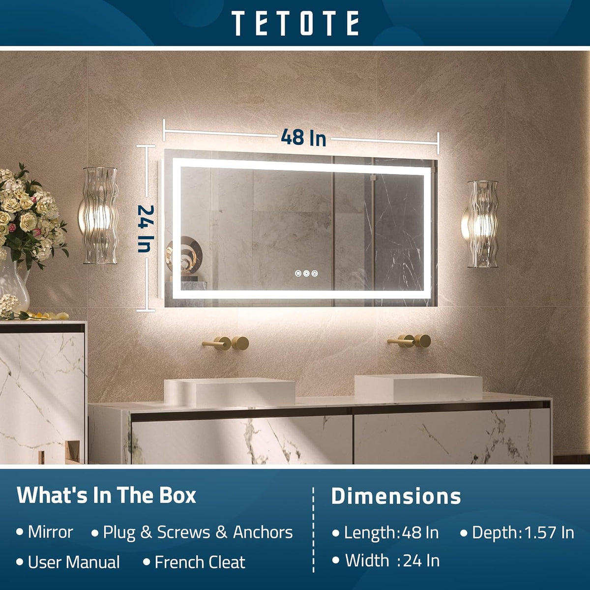 TETOTE 28 Inch Round LED Bathroom Vanity Mirror, Anti-Fog Dimmable Lights IP54 Waterproof Circle Makeup Wall Mounted Mirror - PuriLite