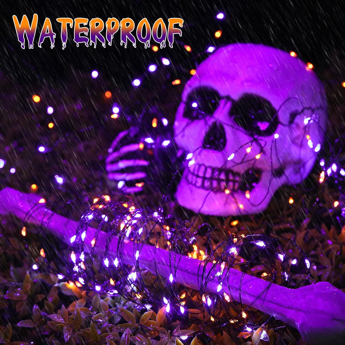 Joomer Orange Purple Halloween Solar String Lights - 2 Pack Total 80FT 240LED Solar Fairy Lights, Waterproof Outdoor Twinkle Lights with 8 Modes for Garden, Porch, Trees, Halloween Decor (Black Wire) - PuriLite