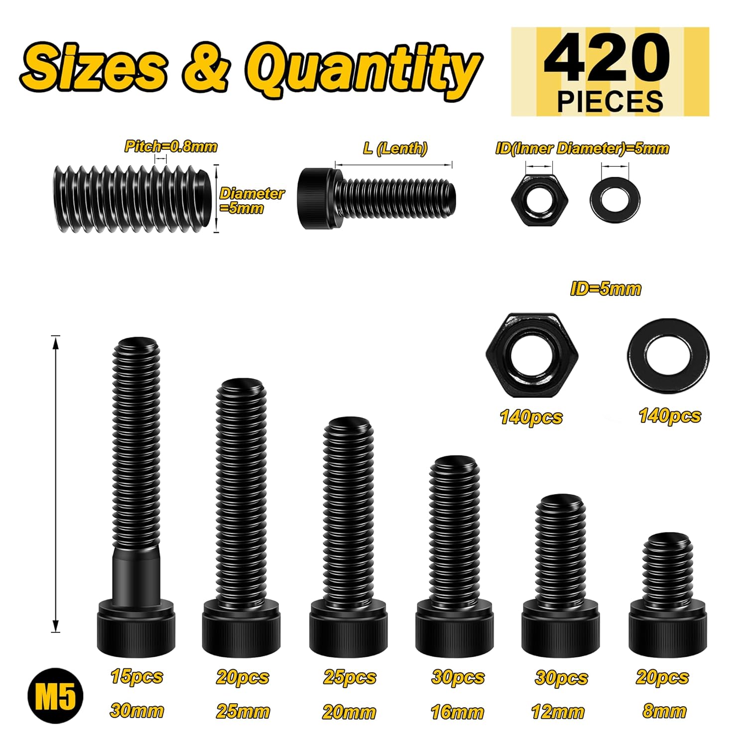 Mywish 900Pcs Metric Screw Assortment, M3 M4 M5 M6 Screw Assortment Kit 304 Stainless Steel Hex Socket Button Head Socket Cap Metric Screws Bolts & Flat Washers/Nuts/Hex Wrenches 16 Sizes 8MM to 20MM - PuriLite