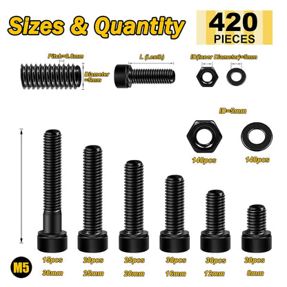 Mywish 900Pcs Metric Screw Assortment, M3 M4 M5 M6 Screw Assortment Kit 304 Stainless Steel Hex Socket Button Head Socket Cap Metric Screws Bolts & Flat Washers/Nuts/Hex Wrenches 16 Sizes 8MM to 20MM - PuriLite