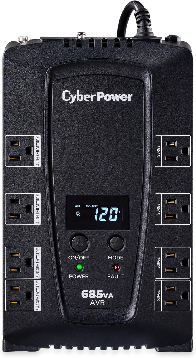 CyberPower CP825AVRLCD Intelligent LCD UPS System, 825VA/450W, 8 Outlets, AVR, Compact - PuriLite