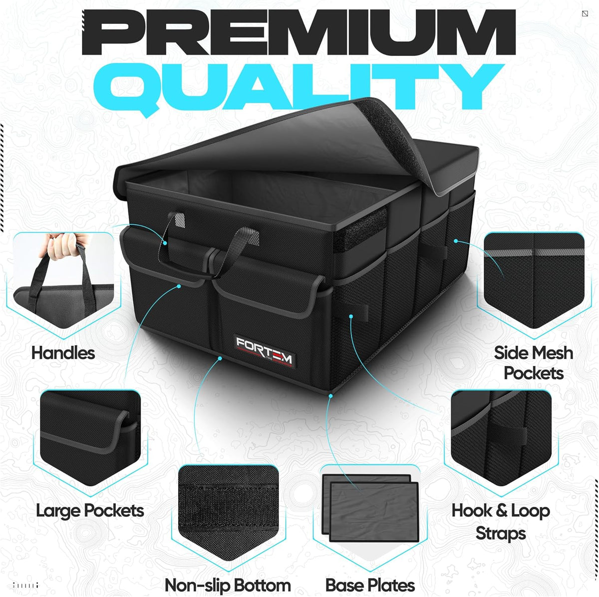 FORTEM Car Trunk Organizer, Collapsible Multi Compartment Car Organizer, Foldable SUV Storage for Car Accessories for Women Men, Non Slip Bottom, Securing Straps, Soft Cover 50L (Black, Standard) - PuriLite