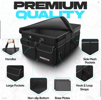 FORTEM Car Trunk Organizer, Collapsible Multi Compartment Car Organizer, Foldable SUV Storage for Car Accessories for Women Men, Non Slip Bottom, Securing Straps, Soft Cover 50L (Black, Standard) - PuriLite