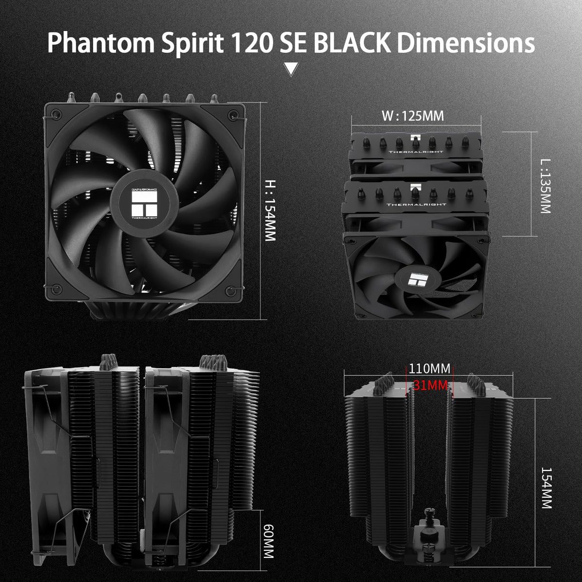Thermalright Phantom Spirit 120 SE Black CPU Air Cooler,Doubler CPU Fans and Double Towers,154mm High CPU Cooler,for AMD:AM4/AM5,Intel 1150/1151/1200/1851/1700(PS120 SE Black) - PuriLite