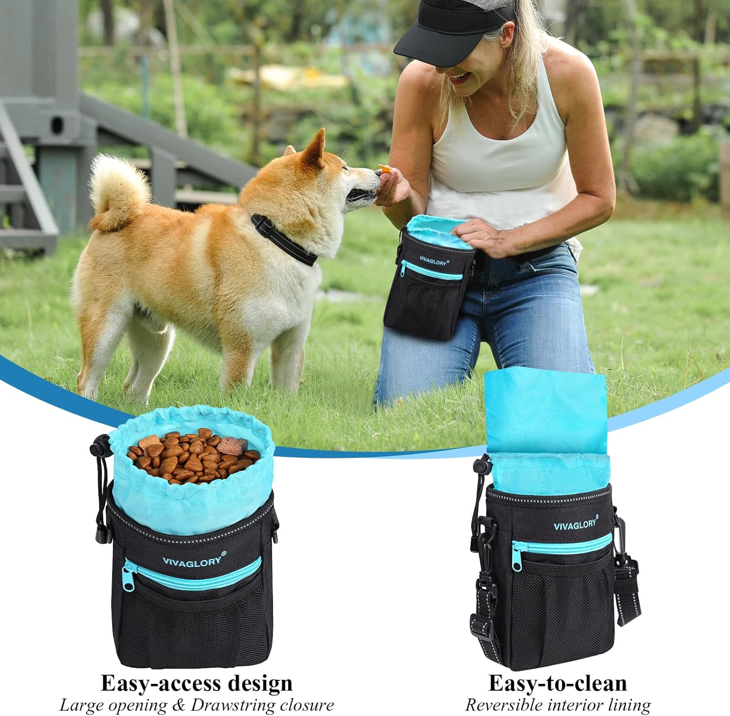 VIVAGLORY Dog Training Treat Pouch, 4Ways to Wear Dog Treat Bags, Built in Dog Waste Bag Dispenser Treats Training Bags with Reflective Adjustable Shoulder Strap, Heather Blue - PuriLite