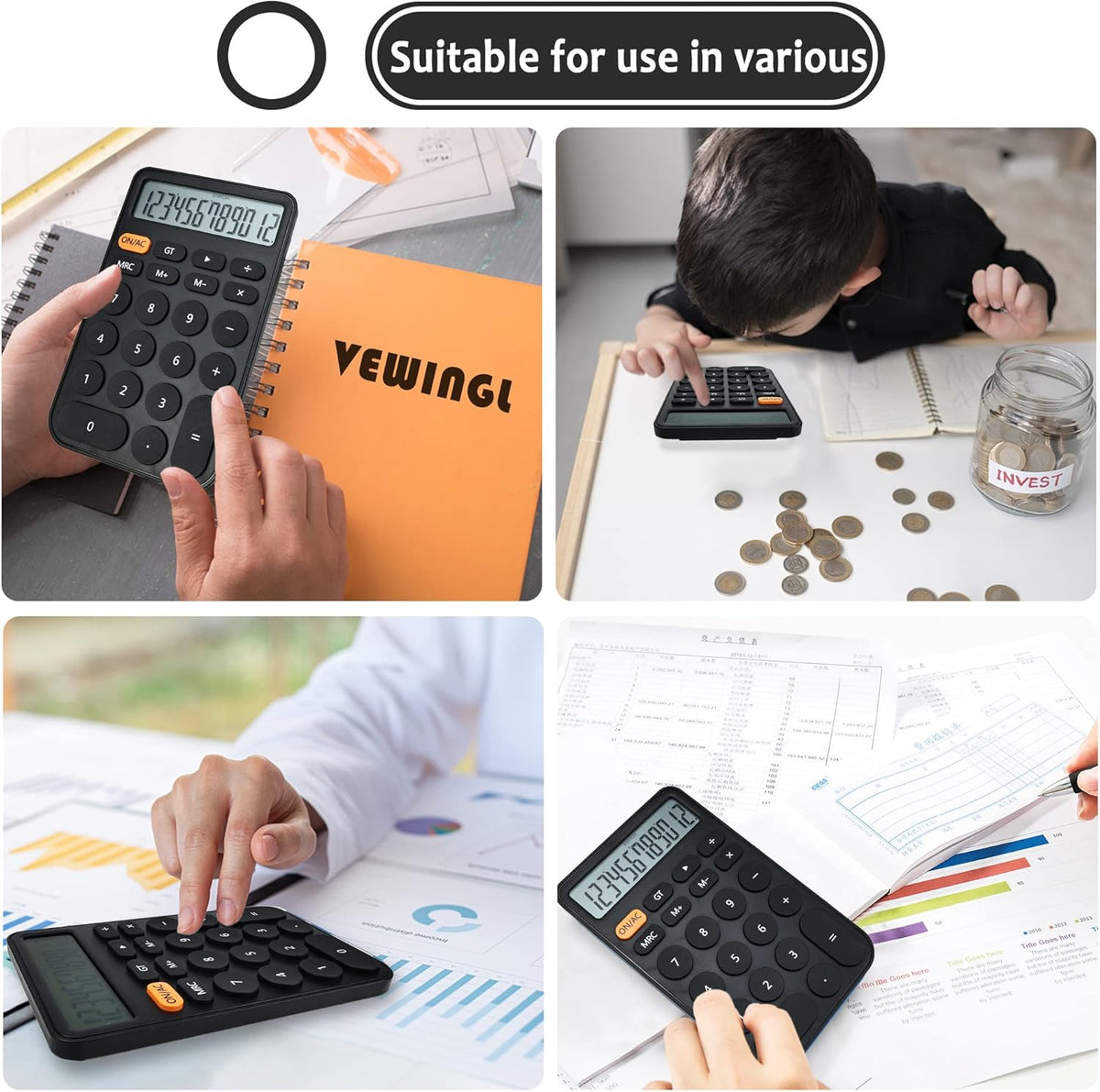 VEWINGL Mechanical Switch Calculator, 12 Digit Large LCD Display and Buttons, Great for Everyday Life and Basic Office Work, with Battery - PuriLite