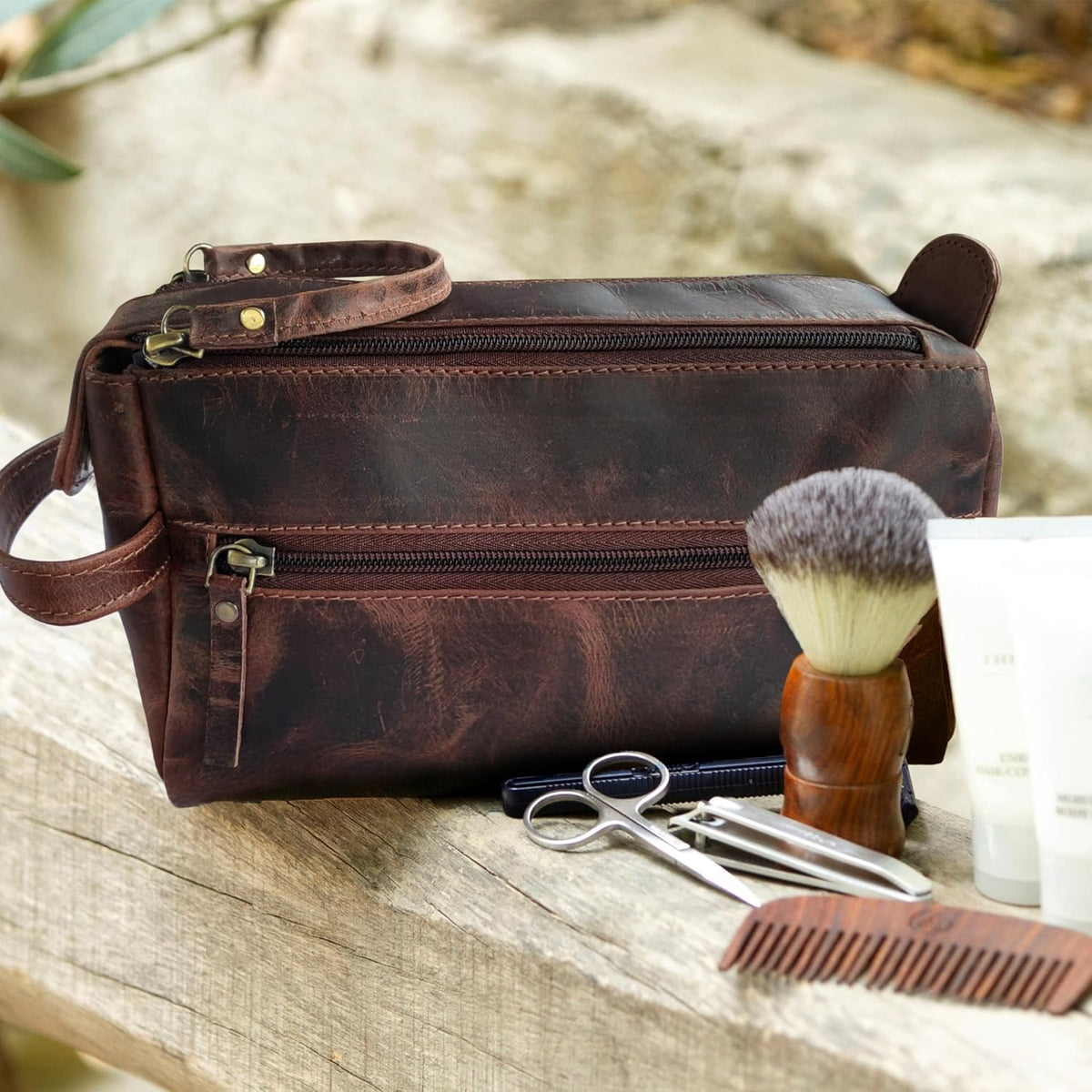 Genuine Leather Travel Toiletry Bag - Hygiene Organizer Dopp Kit by Rustic Town - PuriLite