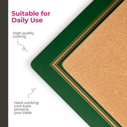 Pimpernel Classic Emerald Placemats - Set of 4 Rectangular Cork Backed Table Mats with Deep Green Finish - Heat Resistant Wipe Clean Placemats for Dining Table Protection & Stylish Meal Presentation - PuriLite