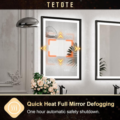 TETOTE 28x36 LED Mirror for Bathroom Black Metal Frame Frontlit & Backlit Lighted Vanity Mirror Baroque Gothic Anti Fog Stepless Dimmable White/Warm/Natural,Wall Mounted(Horizontal/Vertical) - PuriLite