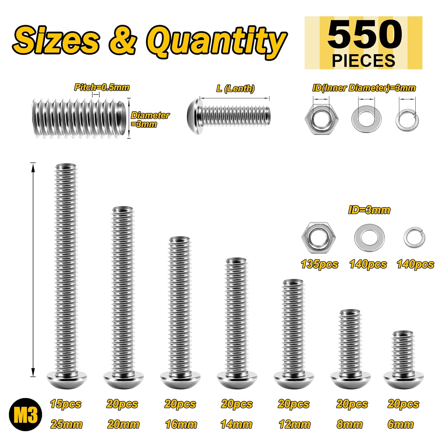 Mywish 900Pcs Metric Screw Assortment, M3 M4 M5 M6 Screw Assortment Kit 304 Stainless Steel Hex Socket Button Head Socket Cap Metric Screws Bolts & Flat Washers/Nuts/Hex Wrenches 16 Sizes 8MM to 20MM - PuriLite