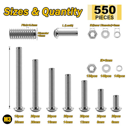 Mywish 900Pcs Metric Screw Assortment, M3 M4 M5 M6 Screw Assortment Kit 304 Stainless Steel Hex Socket Button Head Socket Cap Metric Screws Bolts & Flat Washers/Nuts/Hex Wrenches 16 Sizes 8MM to 20MM - PuriLite