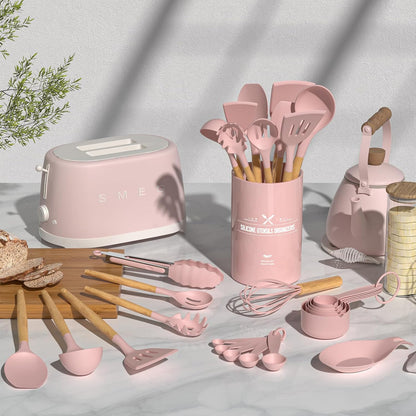 Umite Chef Kitchen Cooking Utensils Set, 33 pcs Non-Stick Silicone Cooking Kitchen Utensils Spatula Set with Holder, Wooden Handle Silicone Kitchen Gadgets Utensil Set (Khaki) - PuriLite