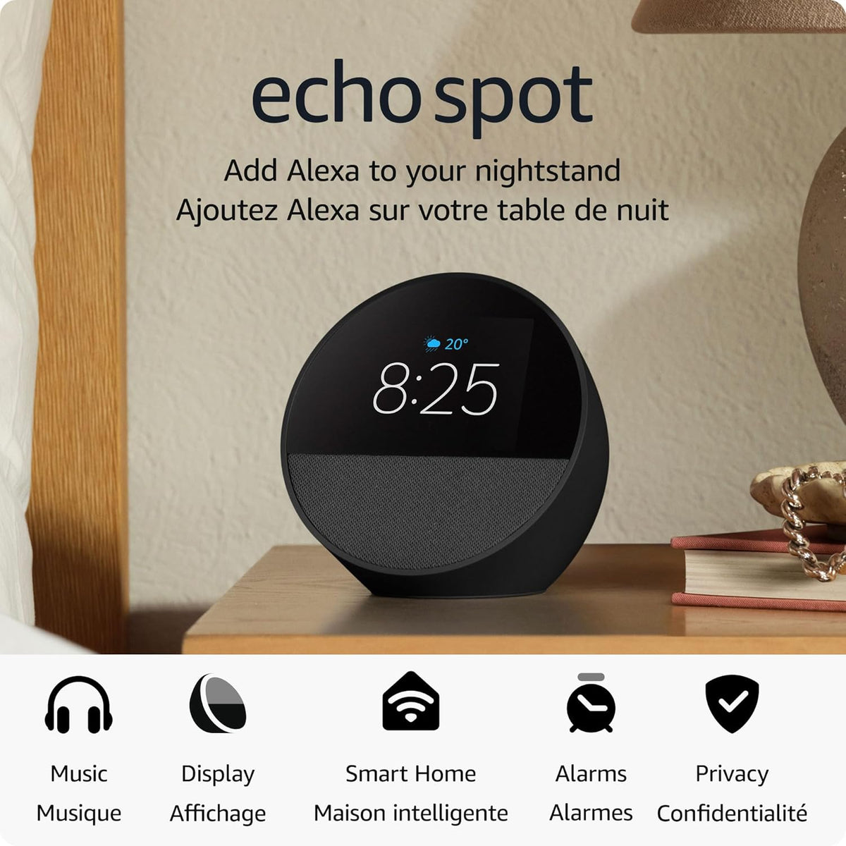 Amazon Echo Spot (newest model), Great for nightstands, offices and kitchens, Smart alarm clock with Alexa, Black - PuriLite