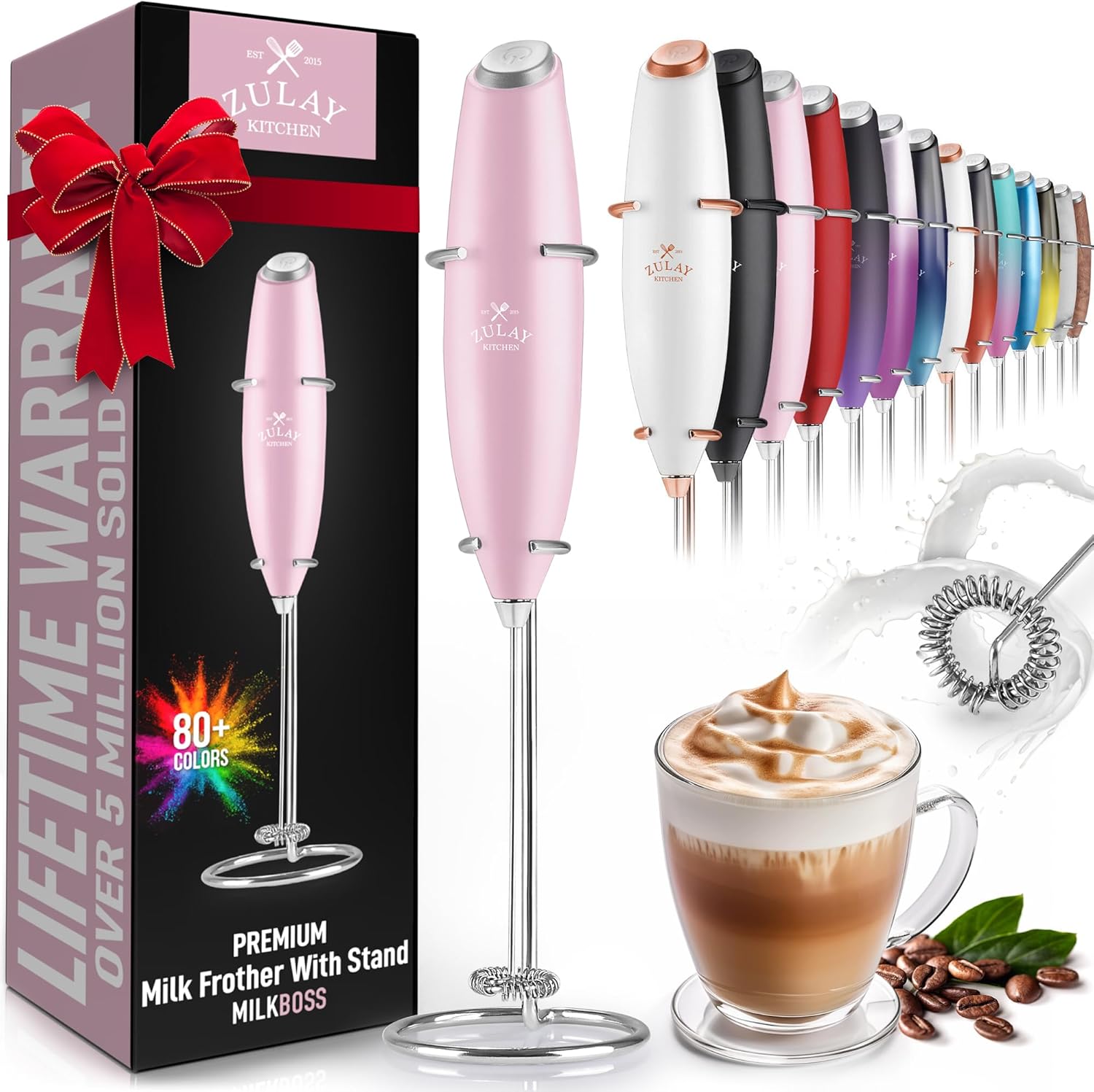 Zulay Kitchen Powerful Double Whisk Milk Frother Handheld - Foam Maker with Stand - Whisk Drink Mixer for Coffee, Mini Foamer for Latte, Matcha, Frappe, Hot Chocolate & Cappuccino (Black) - PuriLite