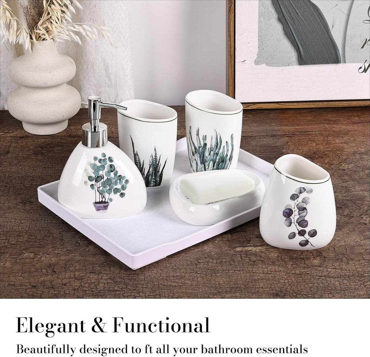 White Bathroom Accessories Set,Modern Countertop Bathroom Decor,Luxury 6 Piece Bathroom Accessory Set,Complete with Soap Dispenser,Toothbrush Holder,Tumbler,Tray - PuriLite
