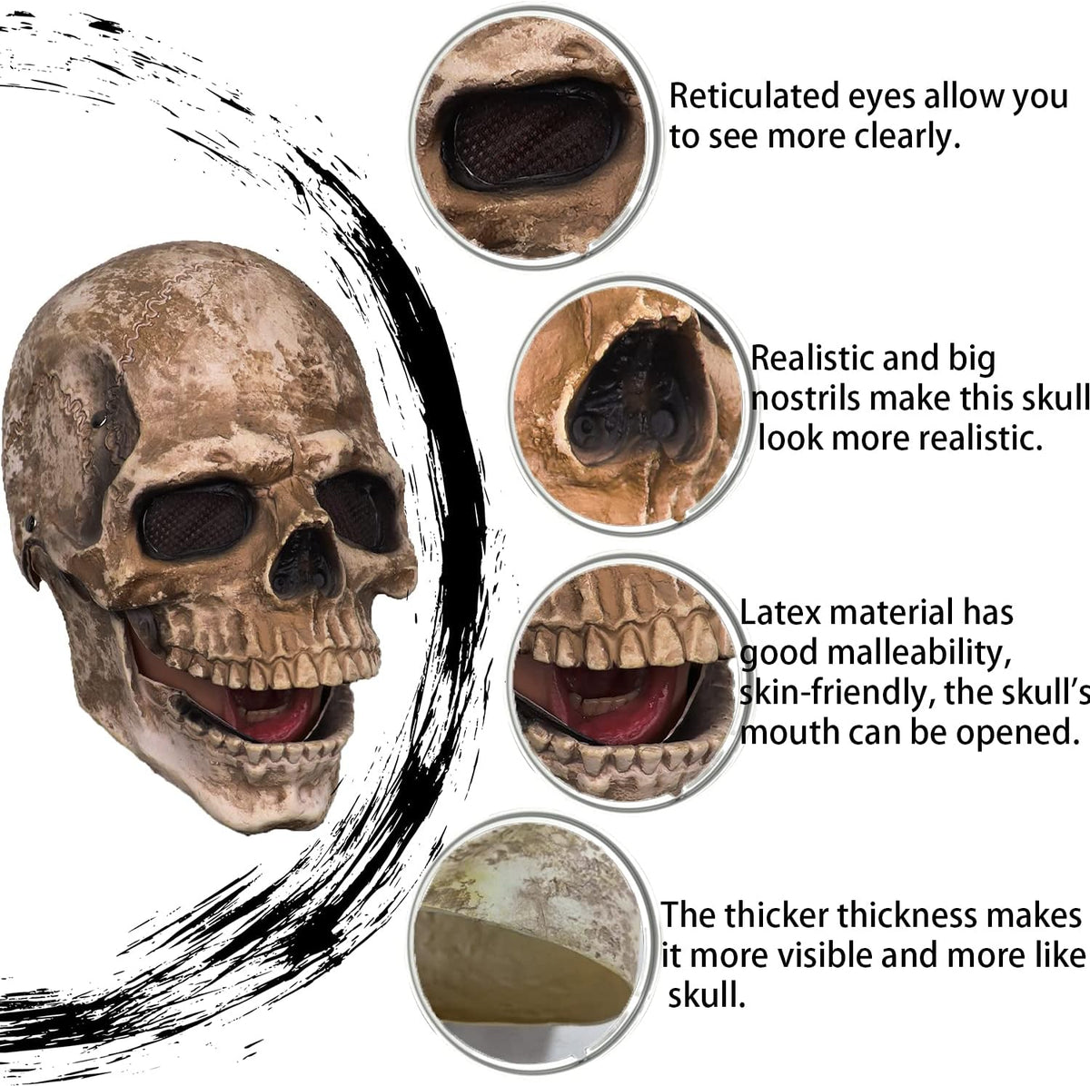 CosTribe Creepy Full Head Skull Mask with Moving Jaw Halloween Scary Latex Helmet for Cosplay Party Props - PuriLite