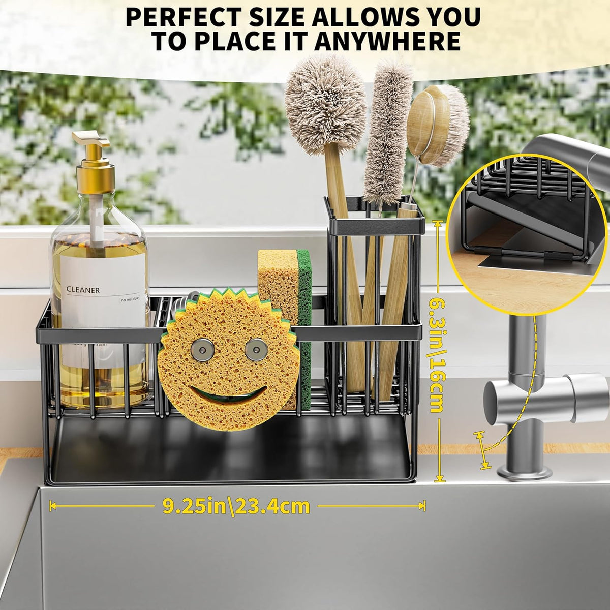 Cisily Kitchen Sink Caddy Organzier with High Brush Holder, Sponge Holder for Sink, 304 Rustproof Stainless, Kitchen Countertop Soap Dispenser Organizer, Kitchen Decor and Accessories (Black) - PuriLite