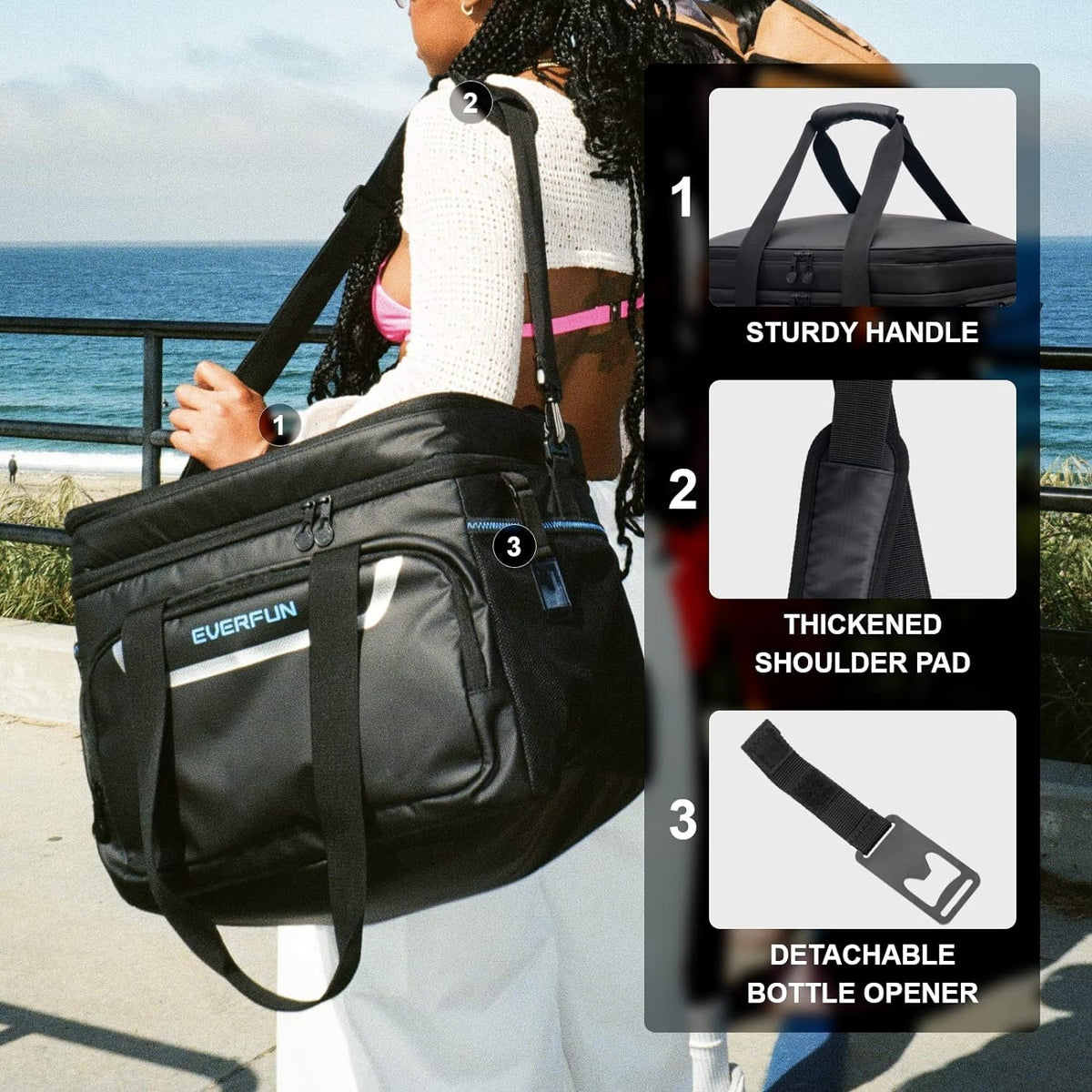 EVERFUN Cooler Bag Insulated Beach Cooler Lunch Bag Box for Men Women Dual Compartments Collapsible Waterproof Leak-Proof for Travel Work Picnic - PuriLite