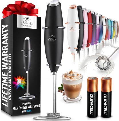Zulay Kitchen Powerful Double Whisk Milk Frother Handheld - Foam Maker with Stand - Whisk Drink Mixer for Coffee, Mini Foamer for Latte, Matcha, Frappe, Hot Chocolate & Cappuccino (Black) - PuriLite