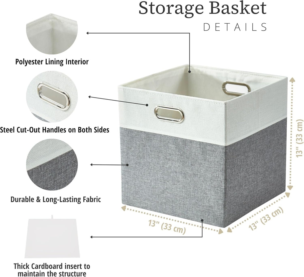 DECOMOMO Fabric Cube Storage Bin - Storage Baskets for Shelves, Kallax (Grey & White, 13 inch Cube) - 4 Pack - PuriLite