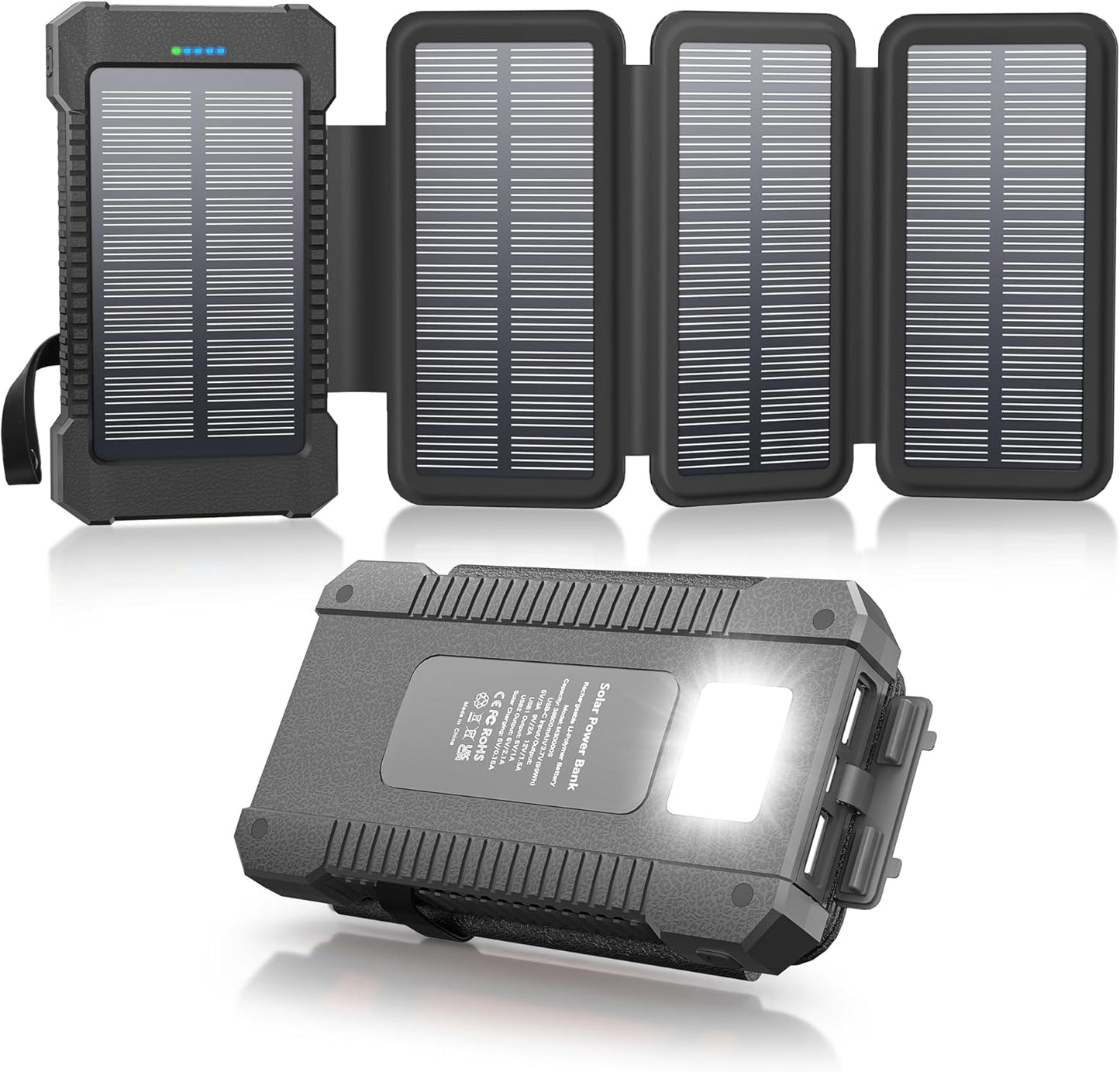 Solar Power Bank 38800mAh with 4 Solar Panels, Portable Charger USB C 18W Fast Charge for iPhone Samsung, IP67 Waterproof Outdoor External Battery Pack with Flashlight Light/SOS/Strobe - PuriLite