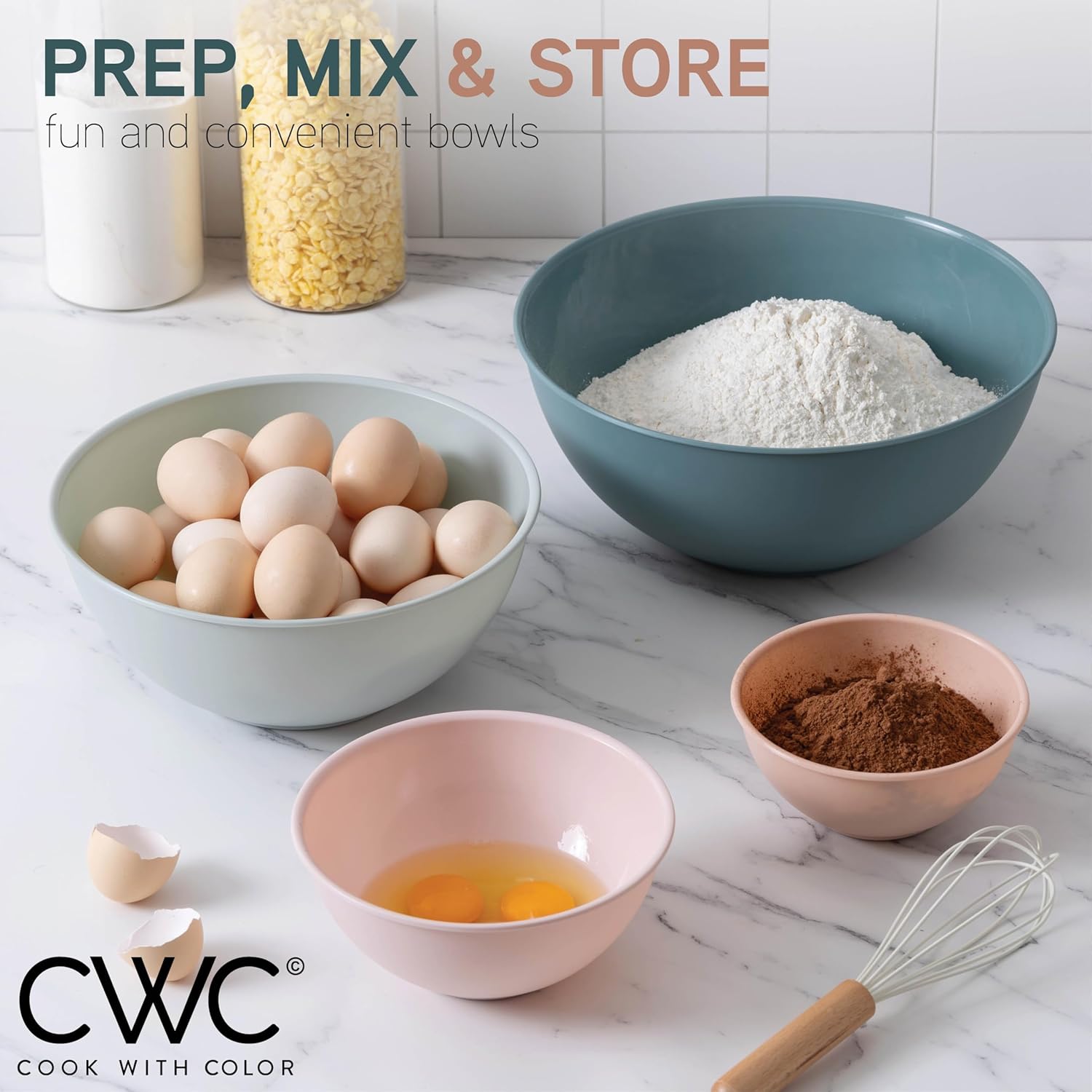 COOK WITH COLOR Mixing Bowls with TPR Lids - 12 Piece Plastic Nesting Bowls Set Includes 6 Prep Bowls and 6 Lids, Microwave Safe Mixing Bowl Set (Mint) - PuriLite