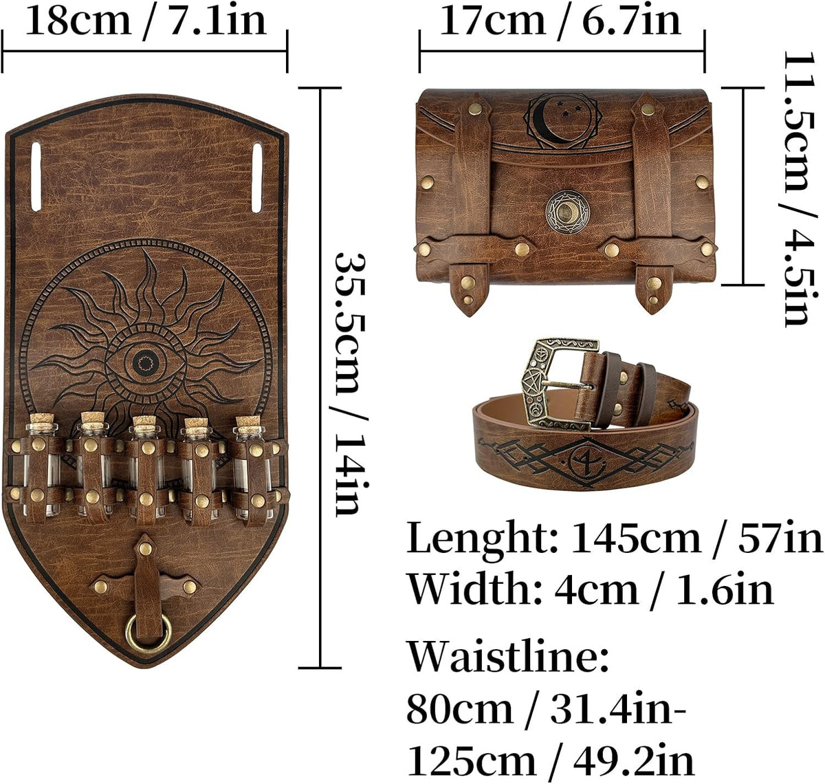 HiiFeuer 3PCs Medieval Alchemy Faux Leather Belt Bag Set with 5 Cork Potion Vials, Fantasy Embossed Wizard Halloween Belt(Brown A) - PuriLite