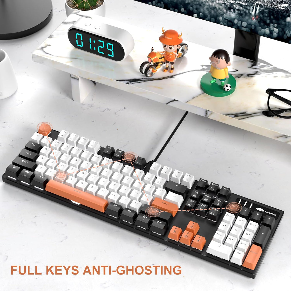 Mechanical Gaming Keyboard, 104 Keys White Backlit Mechanical Keyboards with Red Switches & Double-Shot Keycaps, MageGee Wired Ergonomic Computer Keyboard for Desktop, PC Gamers (White & Blue) - PuriLite