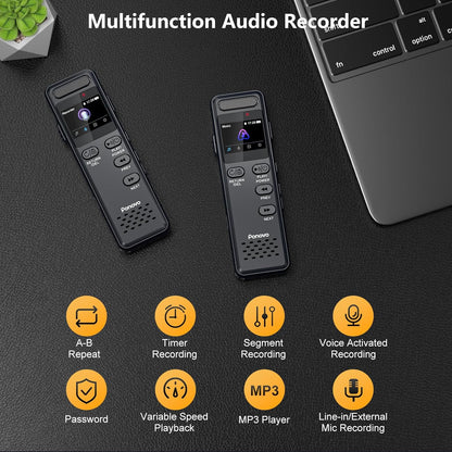 160GB Digital Voice Recorder with Playback, 1100mAh Mini Audio Recording Device for Lecture Interviews, 1536Kbps Voice Activated Recorder with Noise Reduction, Password, External Microphone - PuriLite