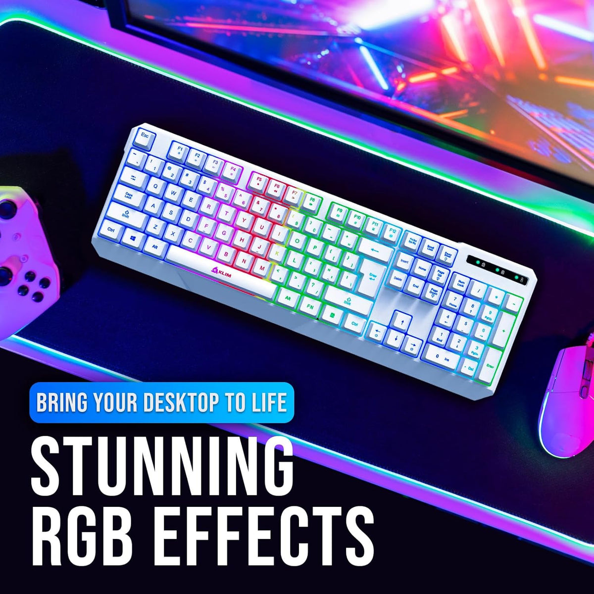 KLIM  Chroma Wireless Gaming Keyboard RGB New - Long-Lasting Rechargeable Battery - Quick and Quiet Typing - Water Resistant Backlit Wireless Keyboard for PC PS5 PS4 Mac - Black - PuriLite