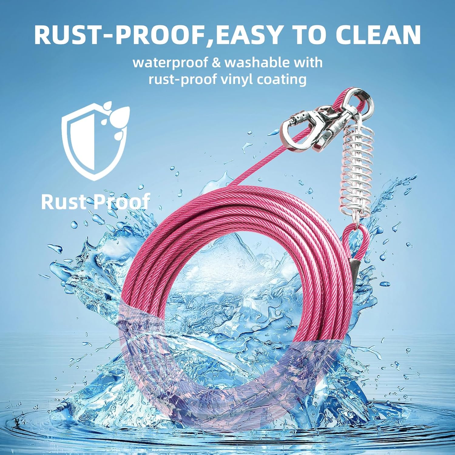 VST Dog Tie Out Cable 50FT-600LBS Break Strength,Heavy Duty Dog Leads for Yard with Shock Absorbing Spring & Lockable Hook,Outside Long Leash Cable,Chew Proof Dog Line for Small Medium Large Dogs - PuriLite
