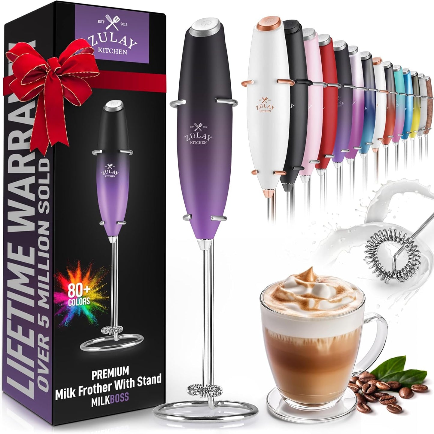 Zulay Kitchen Powerful Double Whisk Milk Frother Handheld - Foam Maker with Stand - Whisk Drink Mixer for Coffee, Mini Foamer for Latte, Matcha, Frappe, Hot Chocolate & Cappuccino (Black) - PuriLite