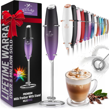 Zulay Kitchen Powerful Double Whisk Milk Frother Handheld - Foam Maker with Stand - Whisk Drink Mixer for Coffee, Mini Foamer for Latte, Matcha, Frappe, Hot Chocolate & Cappuccino (Black) - PuriLite