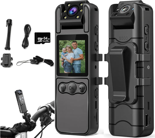 1080P Body Cameras with Audio and Video Recording| 180° Rotating Lens | 6-8HR Battery | Night Vision | 64GB SD Card | 1.3" LCD | Portable Security Cam for Police, Law Enforcement, Outdoors & Meetings - PuriLite