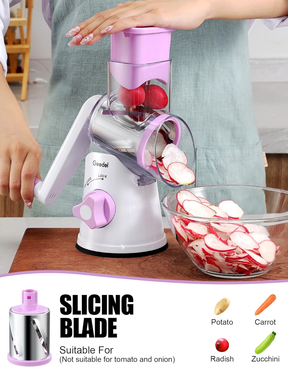 Geedel Kitchen Cheese Grater, Rotary Mandoline Vegetable Slicer with Interchangeable Blades, Easy to Use Rotary Grater Slicer for Fruit, Vegetables, Nuts - PuriLite