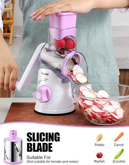 Geedel Kitchen Cheese Grater, Rotary Mandoline Vegetable Slicer with Interchangeable Blades, Easy to Use Rotary Grater Slicer for Fruit, Vegetables, Nuts - PuriLite