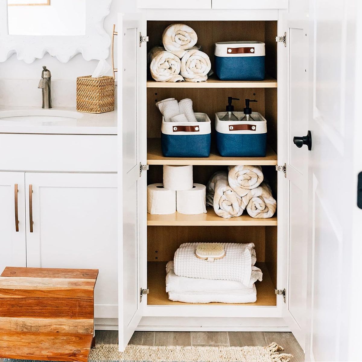 OrganiHaus Large Fabric Storage Baskets for Shelves 3 Pack, 15x11in Closet Storage Bins for Shelves, Cloth Baskets, Fabric Storage Cubes, Linen Closet Organizers, Fabric Basket, White Basket - PuriLite