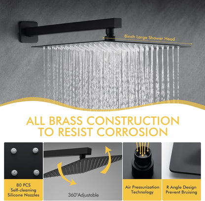 Fransiton Shower System Rain Shower System Set Ceiling Mounted, Rainfall Shower Head with Handheld, Bathroom Shower Kit (Valve Included) (8" - Wall Mount, Matte Black) - PuriLite