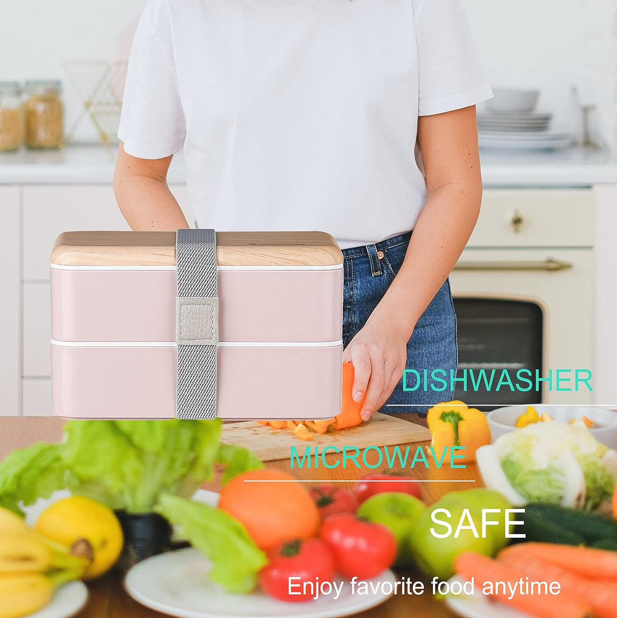 Original Bento Box Lunch Boxes Container Bundle Divider Japanese Style with Stainless Steel Utensils Spoon and Fork (Pink) - PuriLite