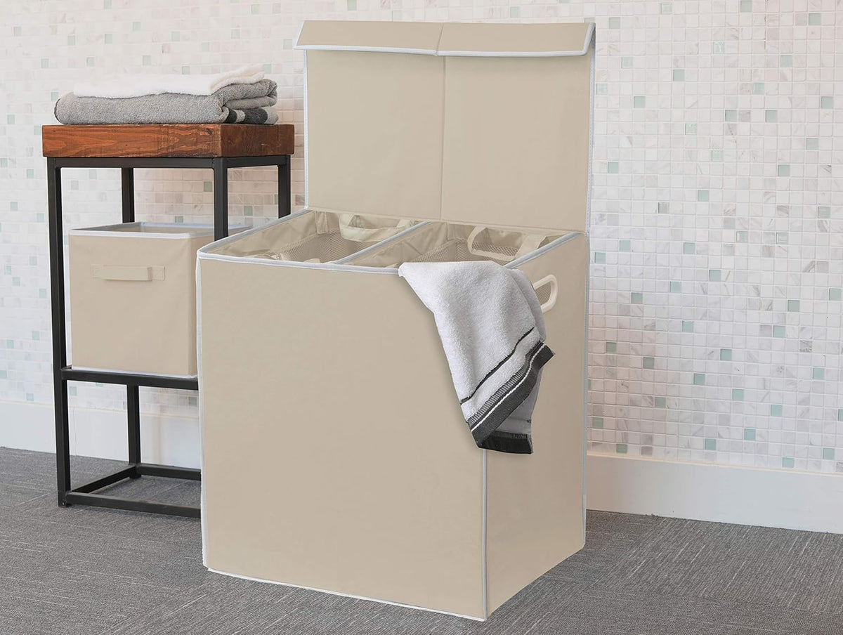 SimpleHouseware Double Laundry Hamper with Lid and Removable Laundry Bags, Beige - PuriLite